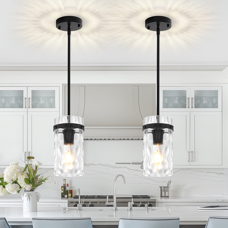 1 - Light Black Modern Pendant Light with Cylinder Clear Hammered Glass Shade, Black