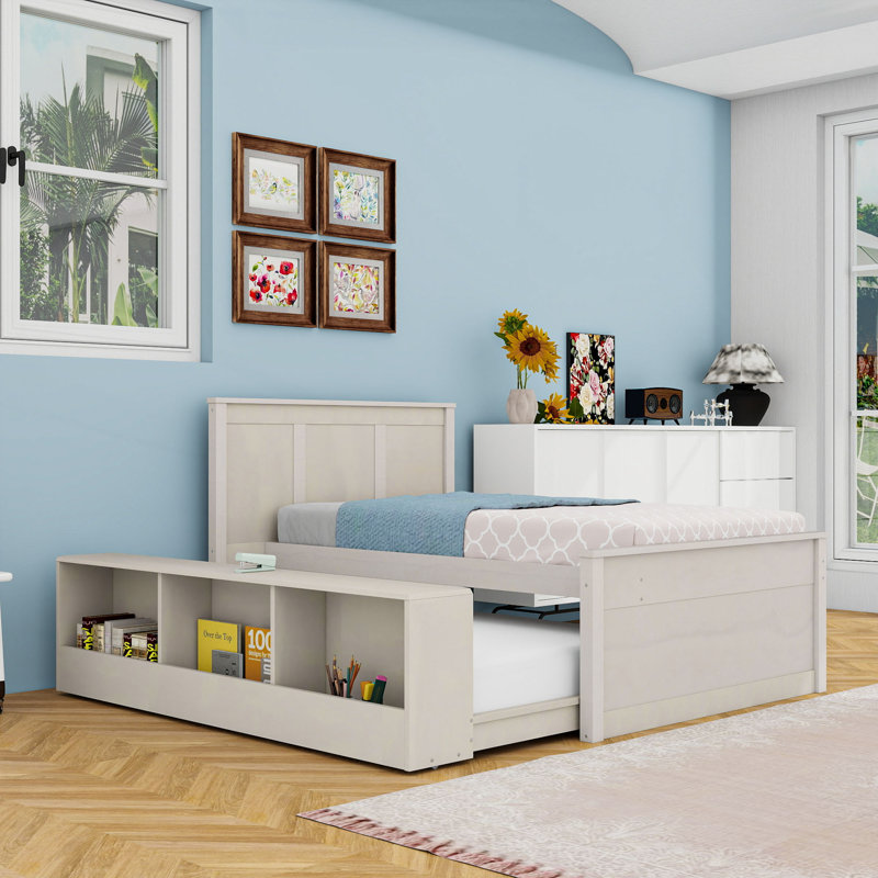 Lit plateforme coulissant en bois avec tablettes de rangement intégrées et lit gigogne, Lit simple, Blanc, crème