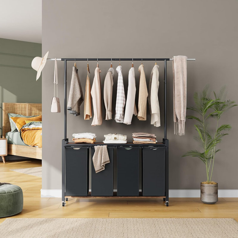 Chariot de tri de linge avec support suspendu, panier à roulettes à 2 sections avec tablette et roulettes verrouillables pour salle de lavage, noir