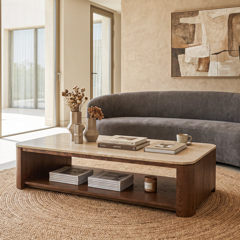 Table basse en bois de chêne 60 po avec plateau en travertin et tablette inférieure brun Ovelo, Travertin / brun