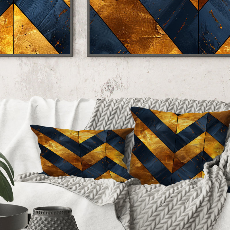 Blue Gold Chevron Glam Pattern - Transitional Throw Pillow, 16"H x 16"W