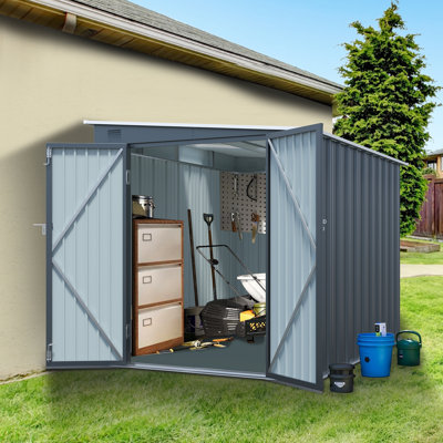 Remise de rangement extérieure en acier galvanisé de 6 x 8 pi avec portes doubles verrouillables, inclinaison en métal avec panneau d'éclairage PC gratuit pour les outils, les vélos et les essentiels de patio (sans les planchers)