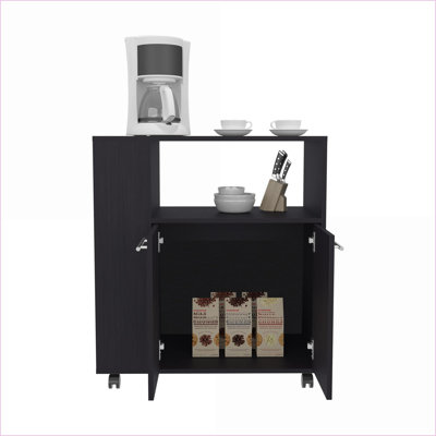 Chariot de cuisine avec armoire à 2 portes, 4 tablettes Tablettes latérales, wengé noir | Moderne | Panneau de fibres à densité moyenne