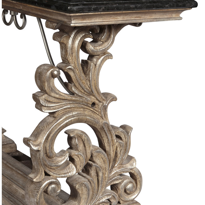 Traditional Black Marble Top Wood Console Table with Ornate Metal Base