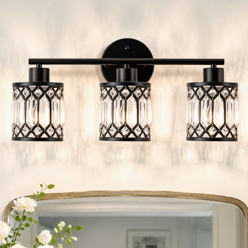 Applique murale de salle de bain à 3 lumières de 50 cm (19,68 po) en cristal avec abat-jour en cage métallique, Noir mat