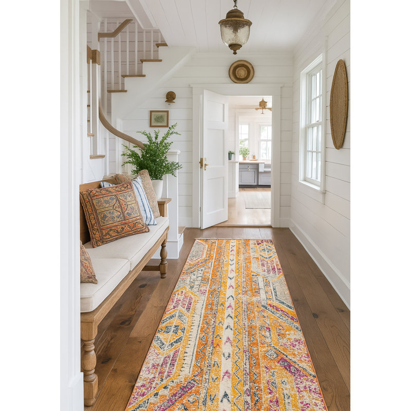 Tapis jaune à motif abstrait Kymiere, Tapis de couloir 2 pi 3 po x 15 pi