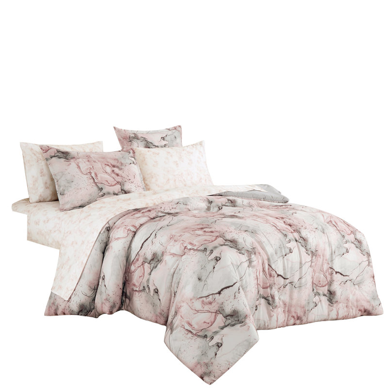 Ensemble d'édredon Bed In A Bag, Édredon simple + 4 pièces supplémentaires, Gris / rose abstrait