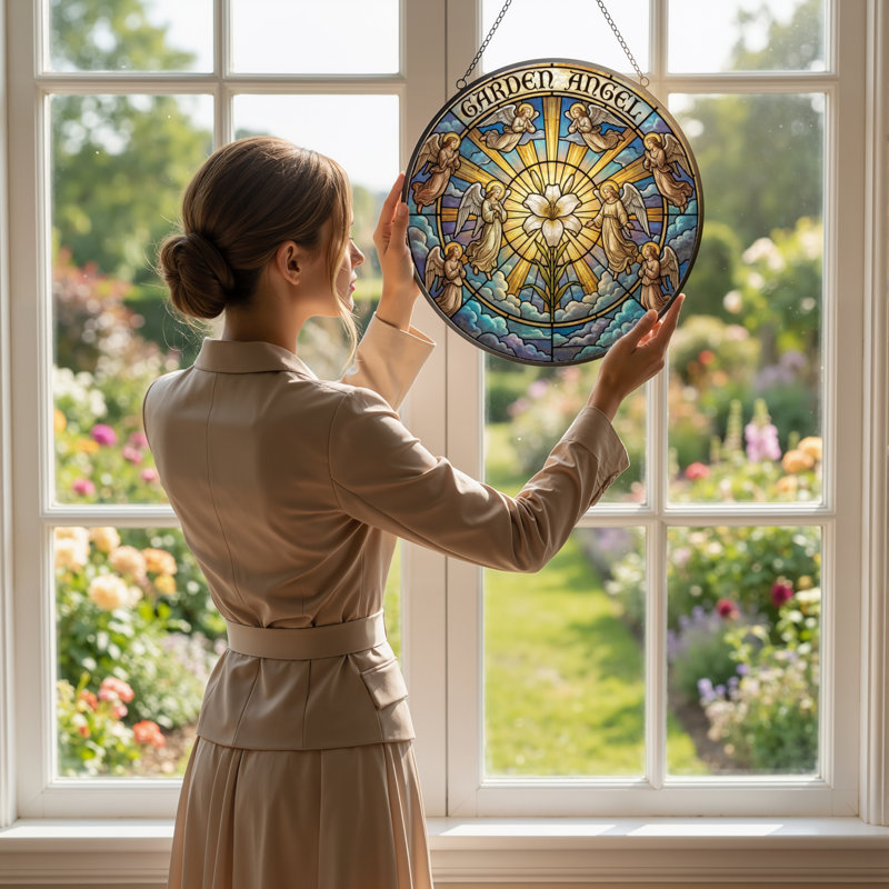 Panneau de vitrail 12 "H Garden Angel, H 12 po x l 12 po