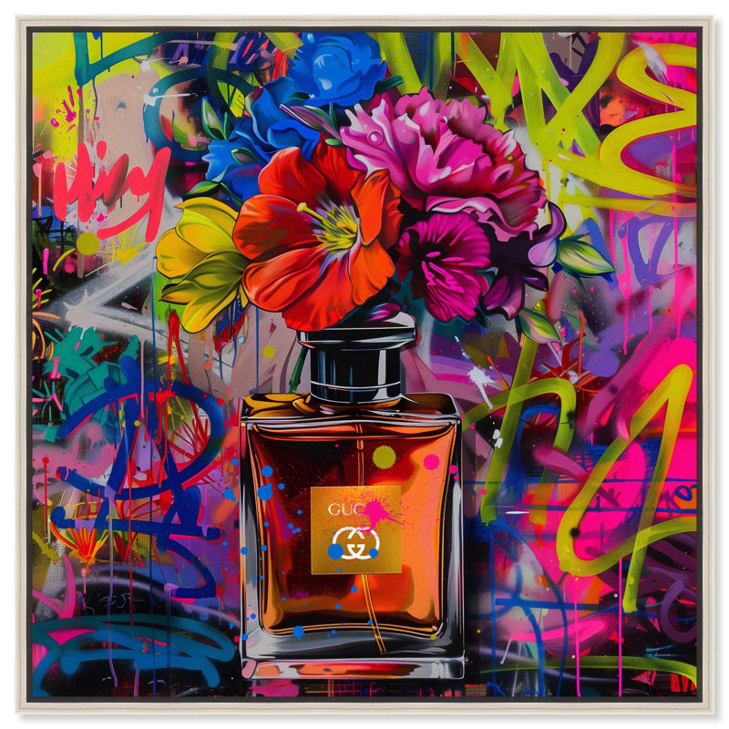 Graffiti, toile de parfum floral, art graffiti par Art Remedy, Encadrement argenté, H 13 po x l 13 po x P 2 po