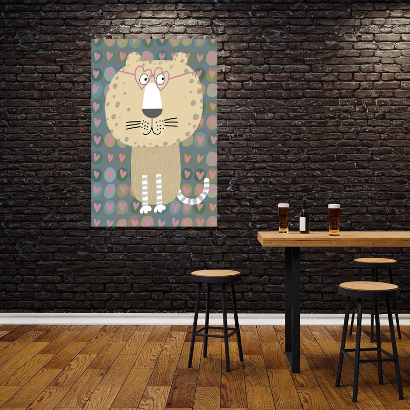 Mignon léopard en forme de cœur, lunettes, chat contemporain fantaisiste, art mural, H 60 po x l 40 po