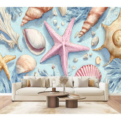 Peel and Stick Wallpaper Beach Seashell Coastal Shell Coral Conch Ocean Theme Starfish Pink Wall Murals 69"H x 96"W Removable PVC Wall Paper Self-Adhesive Wall Decor for Bedroom Living Room Home Office