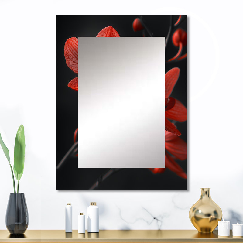 Nocturnal Nirvana red Grey Orchids - Orchid Wall Mirror, Traditional Decorative Mirror, Printed Metal Art, 32" x 24"