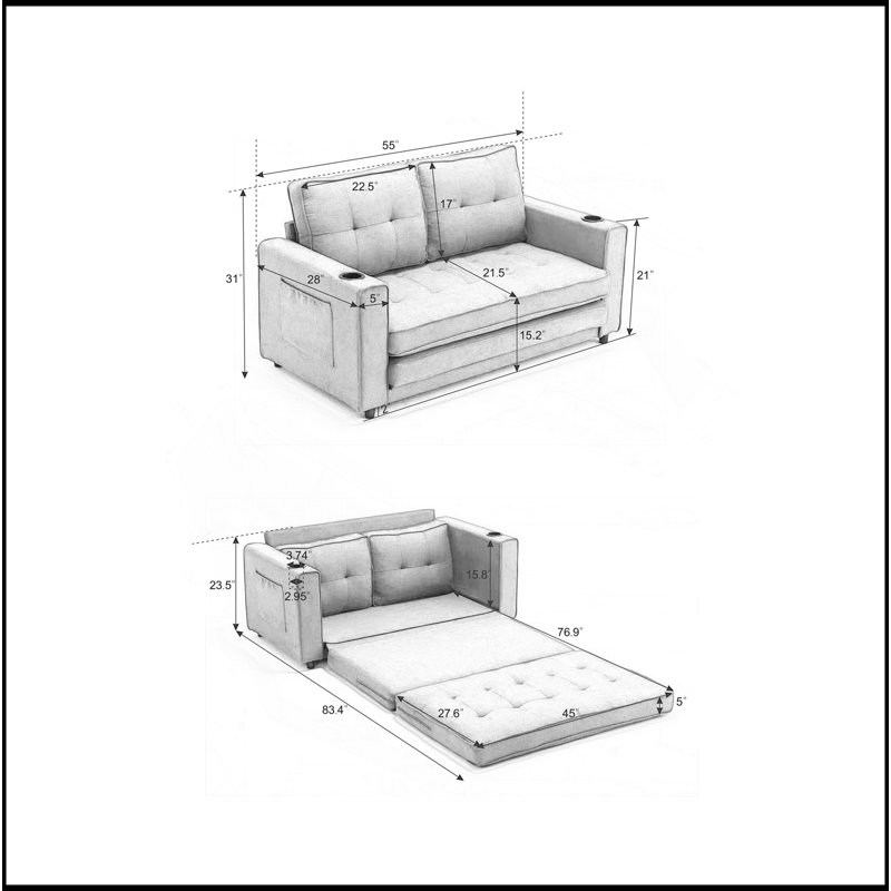 3-In-1 Upholstered Futon Sofa Convertible Sofa Bed,Foldable Tufted Loveseat With Pull Out Sleeper Couch Bed,Folding Mattres Love Seat Daybed W/Side Pockets And Cup Holder