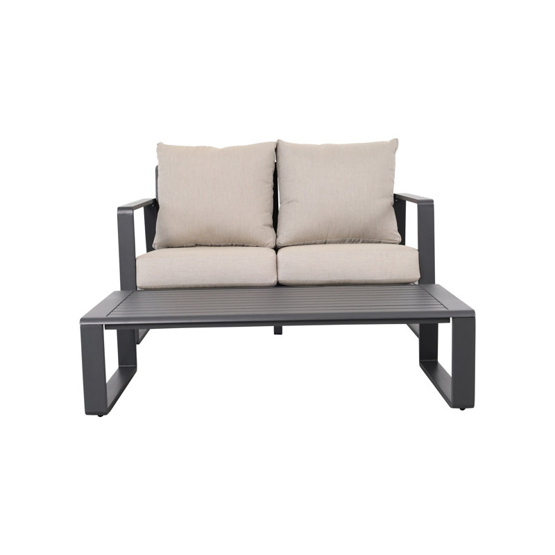 Ensemble de table basse et de fauteuil en aluminium avec coussins gris Jm 9017. Style moderne et élégant avec coussins, idéal pour le salon, la terrasse ou l'extérieur.