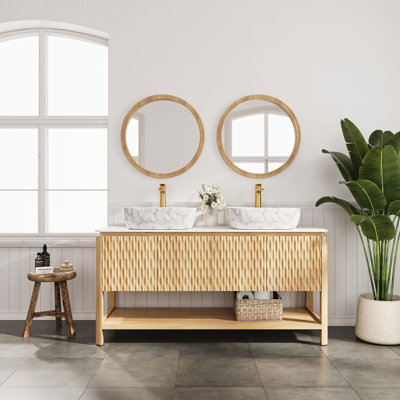 60" Bathroom Vanity&Sink, Freestanding Plywood Bathroom Storage Cabinet with 2 Bamboo Texture Doors&Open Shelf, Marble Pattern Ceramic Basin&Carrara White Sintered Stone Top, Woodgrain Color