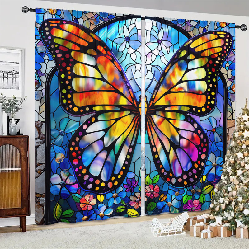 2Pcs Butterfly Stained Glass Print Curtains Colorful Wing Pattern Room Divider Rod Pocket Window Drapes Vibrant Multicolor Floral Design Treatment Panels for Living Bedroom Kitchen Home Decor