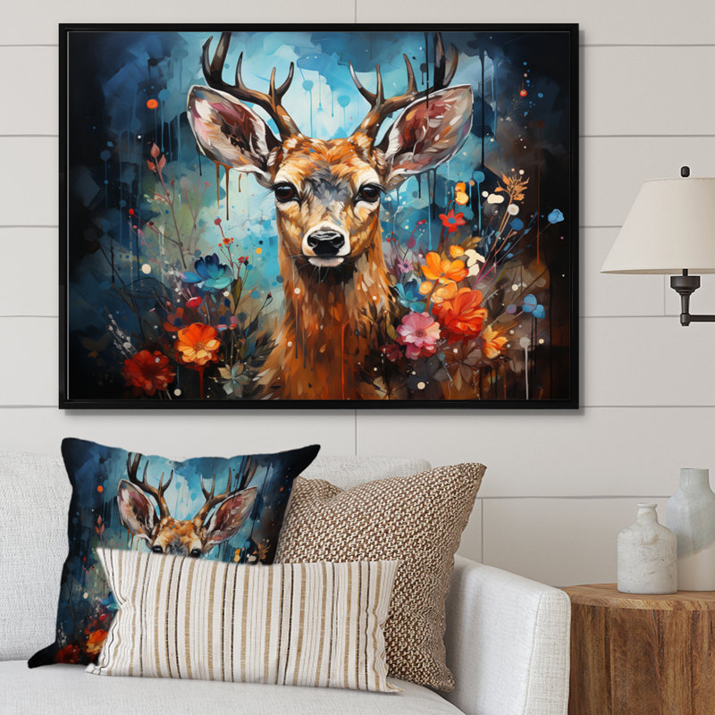 Art mural sur toile, "Deer Graceful Fawn Collage II", H 24 po x l 32 po x P 1 po, Cadre flottant noir