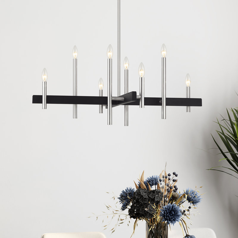 Grand lustre noir 8 lumières avec accents en nickel brossé, Nickel brossé, 8