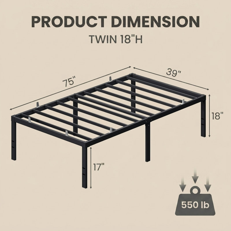 Structure de lit plateforme robuste en métal 18 po, capacité de 1 100 lb, sans sommier, rangement sous le lit, Lit simple