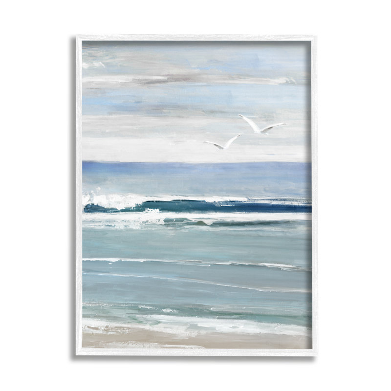 Bb-343 - Mouettes encadrées sur bois, encadrée sur bois par Sally Swatland, peinture, Giclée encadrée blanc bord de mer