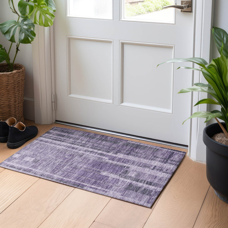 Purple Striped Synthetic Washable Indoor/Outdoor Rug 30" x 20"