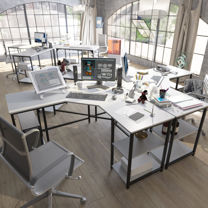 56.9" L Shaped Desk with Shelves Corner Computer Desk Large Table, White/Black