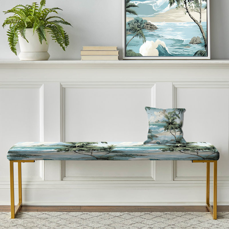 Tropical Pattern - Coastal Upholstered Gold Bench, Seaside Elegance Ii Tropical Pattern