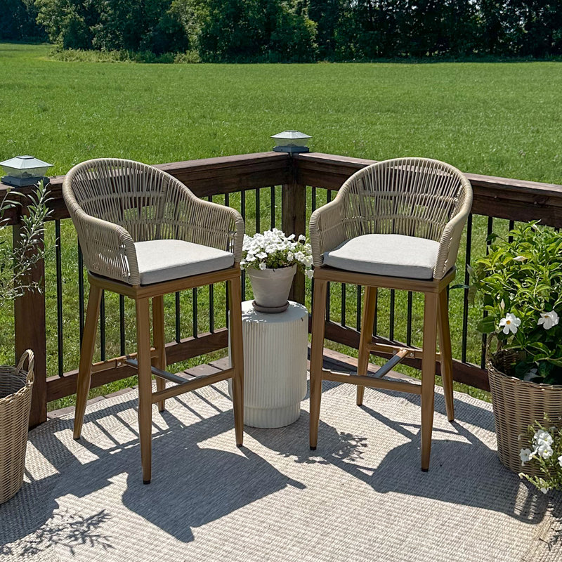 Aleza Outdoor Stool, Bar Stools (28.54" Seat Height), Champagne/Teak, Beige