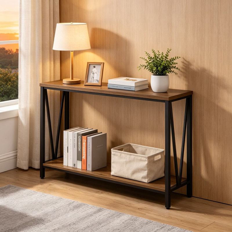 Console industrielle avec rangement à 2 niveaux, finition chêne rustique et structure en V en métal pour le vestibule, le couloir ou le salon