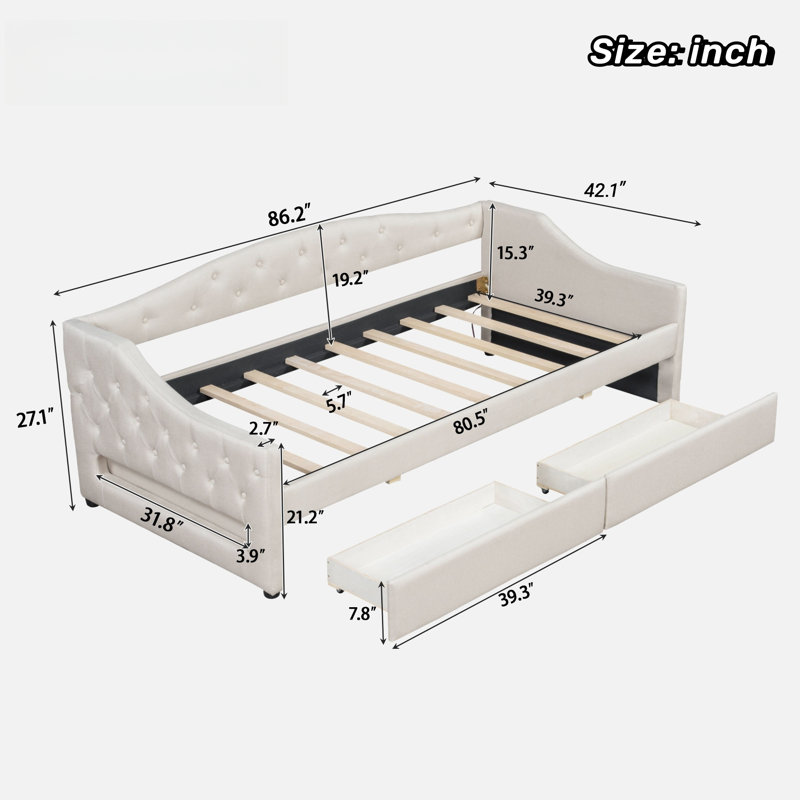 Modern Upholstered Daybed With Led Belt, Trundle And Button Tufted Design, Beige