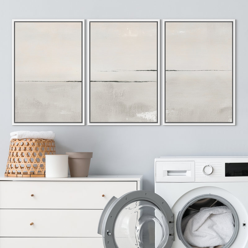 Modern Large Duotone Pastel Minimalist Landscape Subtle Wall Art Framed Canvas 3 Pieces Print, 24" H x 48" W, White