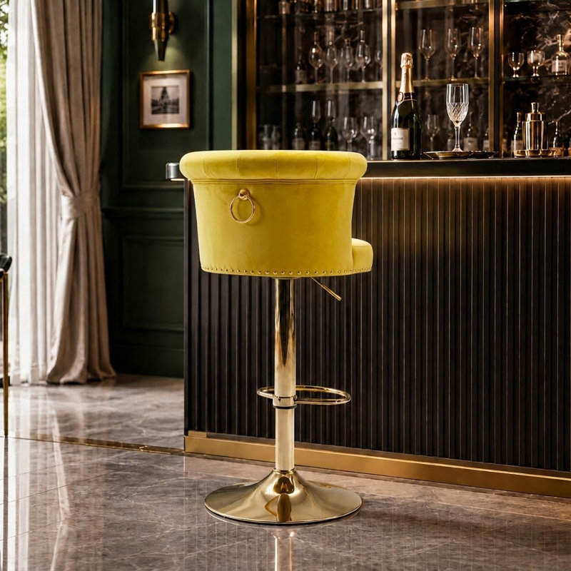 Modern Glam Set of 2 Tufted Velvet 360° Swivel Adjustable-Height Bar Stools with Gold Nailhead Trim for Kitchen Island and Home Bar