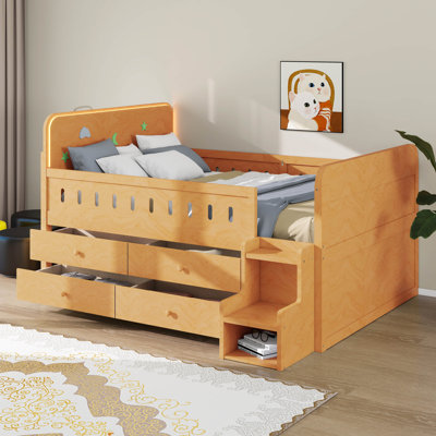 Full Size Wooden Bed Frame With LED Light, Modern Platform Bed Frame With Storage Drawers, Wooden Slats Support