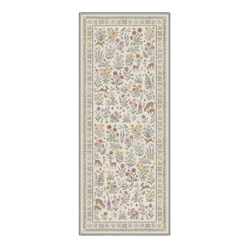 Floral Deer Vintage Machine Washable Beige / Green Indoor Area Rug with Non-Slip Backing, Runner 2'3" x 6'