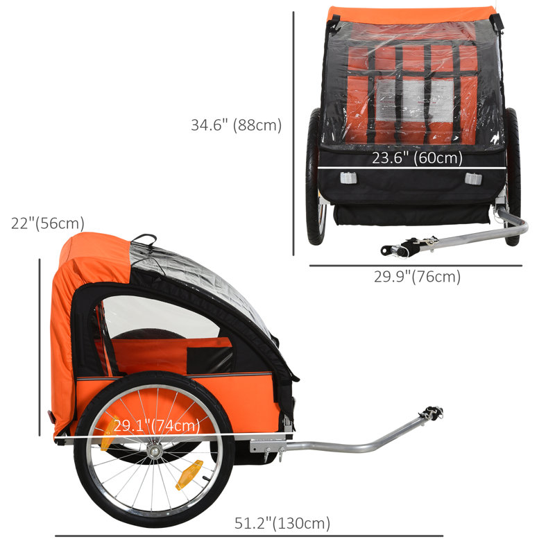 2-Seat Child Bike Trailer for Kids with a Strong Steel Frame, 5-Point Safety Harnesses, & Comfortable Seat, Orange, Orange