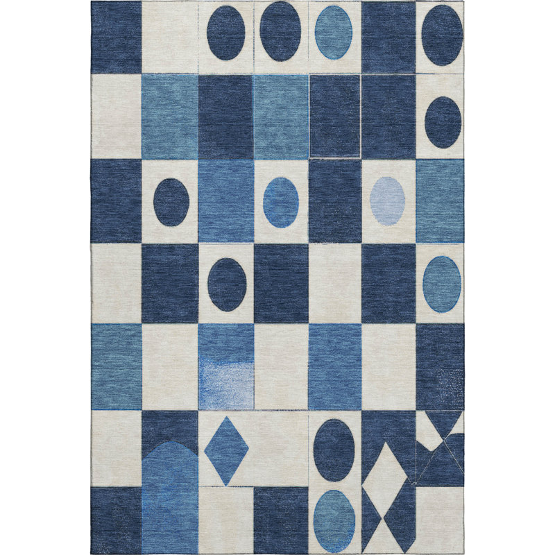 Tapis géométrique lavable à la machine de qualité supérieure Mayfield, Bleu, 10 pi x 14 pi