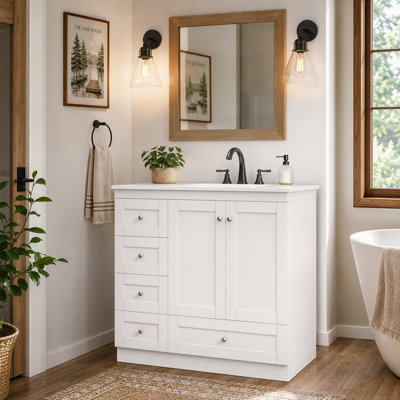 Meuble-lavabo sur pieds 36 po avec lavabo en céramique blanche, 4 tiroirs à fermeture en douceur et 2 portes à fermeture en douceur, meuble-lavabo moderne pour salle de bain principale, salle de bain d'invités