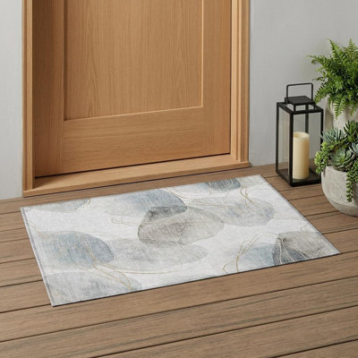 2' X 3' Ivory Blue and Gray Abstract Washable Non Skid Indoor Outdoor Area Rug