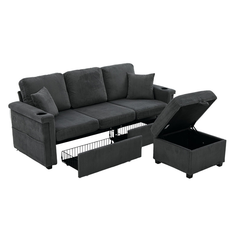 4 canapés modulaires en L convertibles avec velours côtelé, rangement escamotable et porte-gobelets