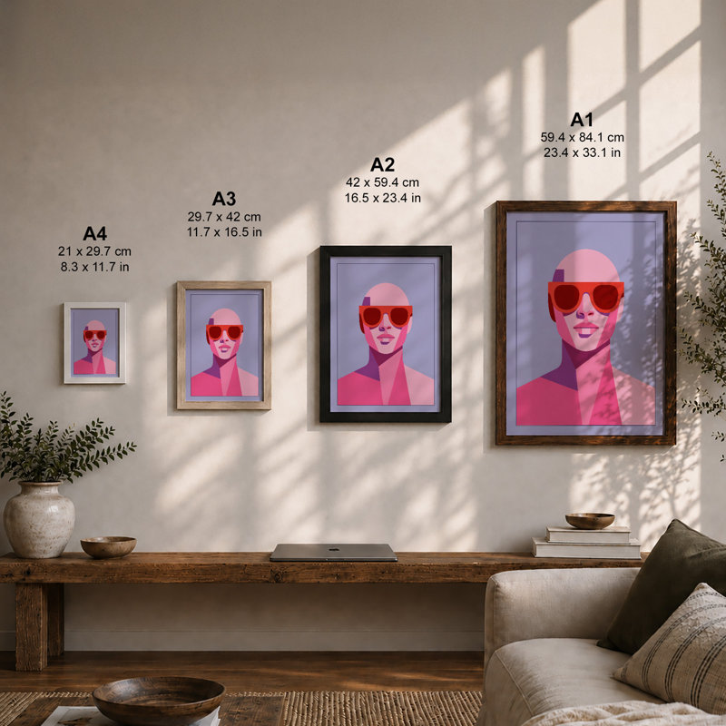 Pink Sunglasses Portrait Modern - Framed Print, A3 - 42.0 x 29.7 cm, White