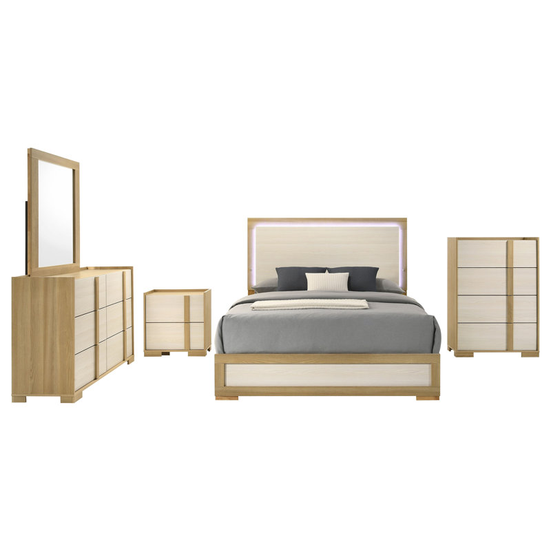 Ensemble de chambre à coucher grand lit 5 pièces Hyle, finition brun naturel et blanc, commodes, Grand lit