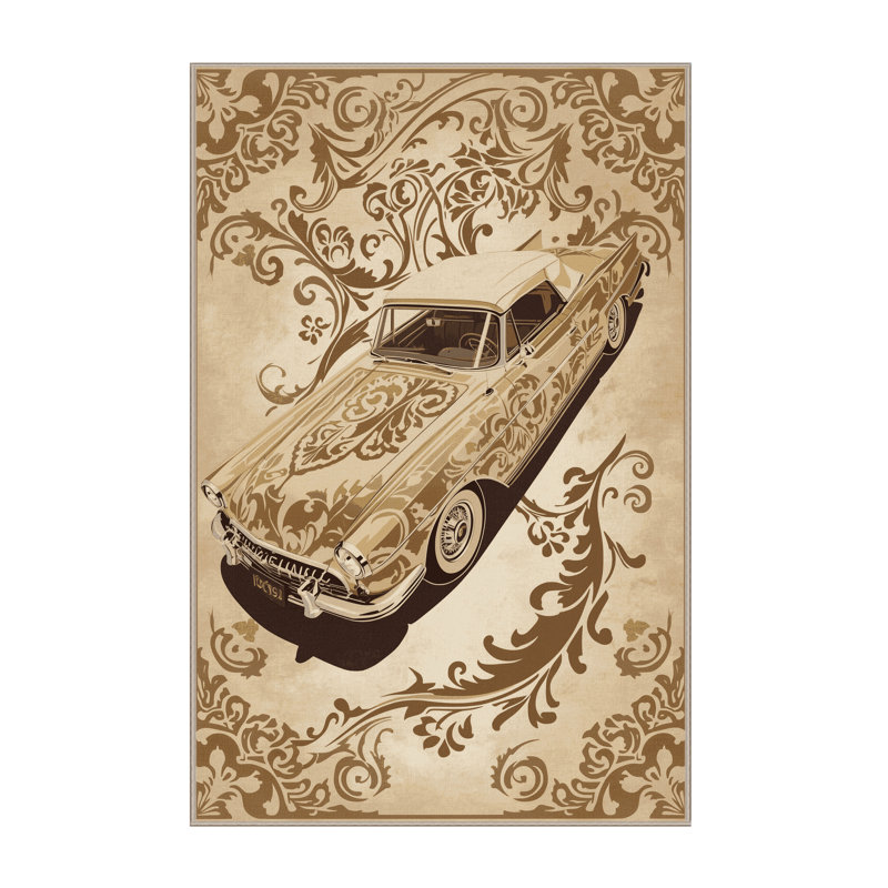 Tapis moelleux moelleux et moelleux en forme de voiture rétro en beige - reliure beige, 2 pi x 3 pi