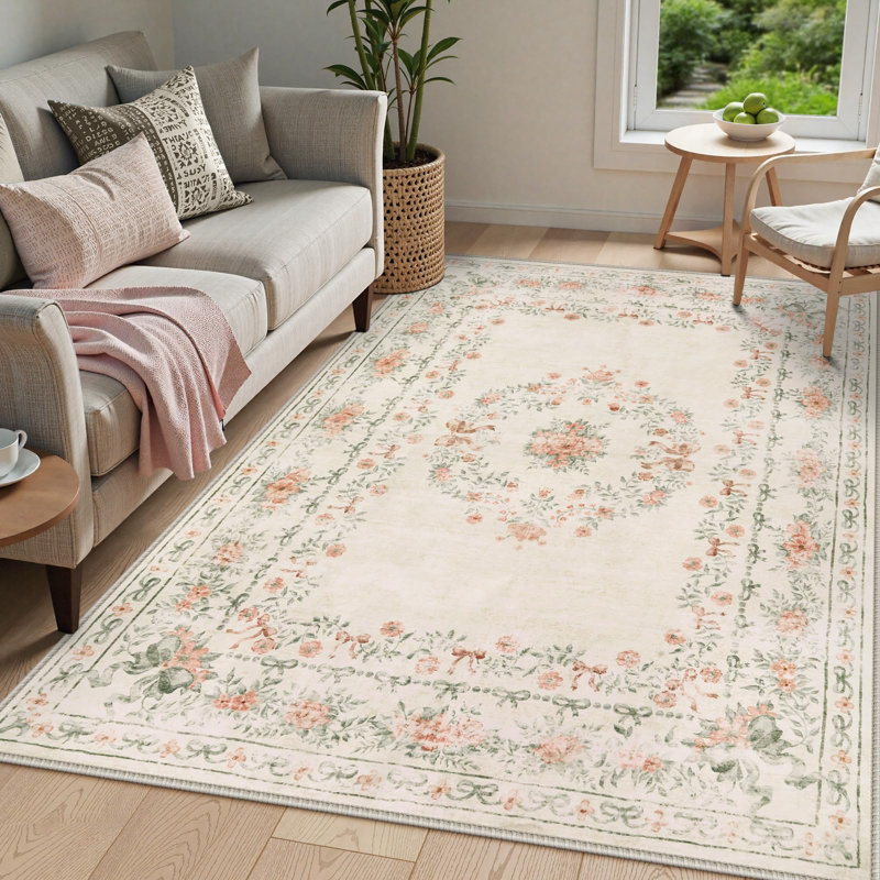 Kaldi Floral Bow Washable Area Rug, Soft Non-Slip Ultra-Thin Vintage Floral Carpet for Living Room, Bedroom & Nursery