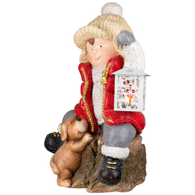 Boy With Puppy And Lighted Lantern Christmas Decoration - 16" - Clear LED Light