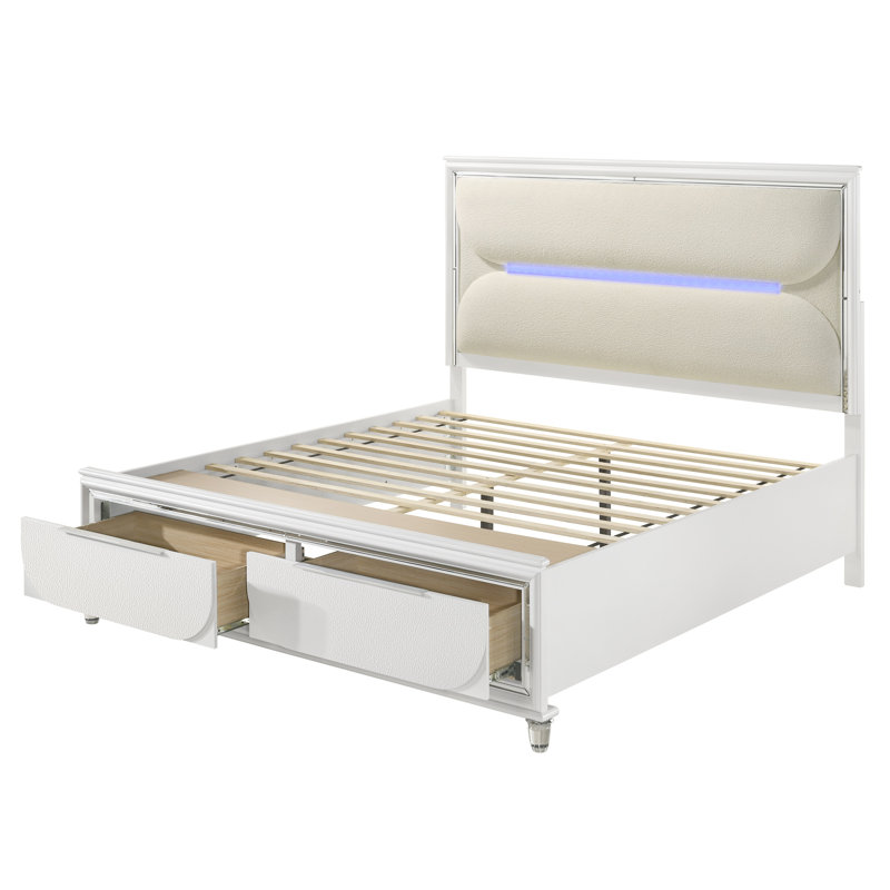 Grand lit avec DEL et rangement - Boucle blanche élégante et style contemporain, Grand lit