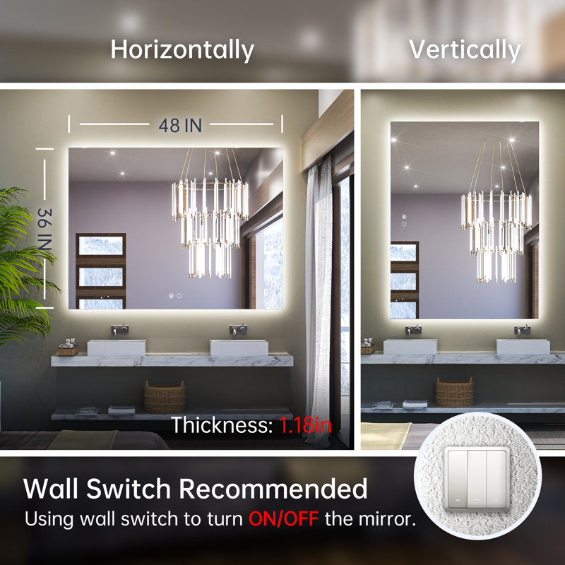 Chrisna LED Backlit Frameless Lighted Bathroom Vanity Mirror Wall Mirror 3 Color Adjust Dimmable Anti Fog, 36" x 48"