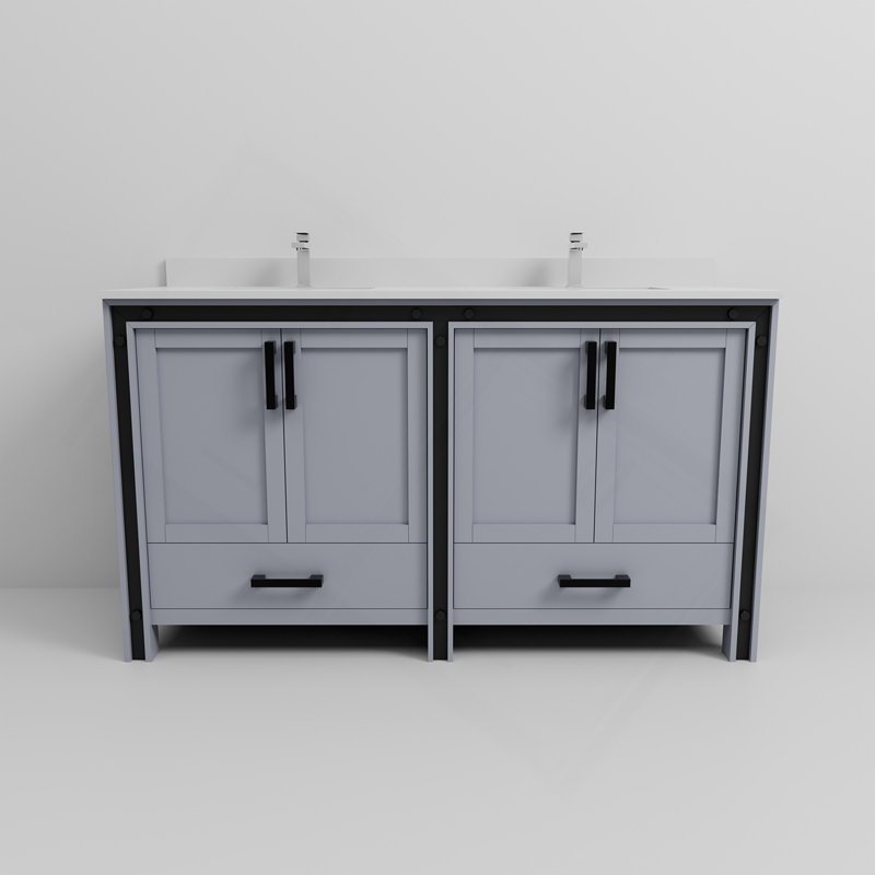 Meuble-lavabo double gris foncé 60 po X P 22 po D, ensemble de dessus et robinet en marbre de culture
