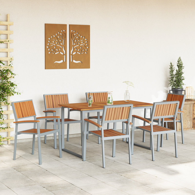 7 Piece Garden Dining Set Grey Steel, 75cm H x 140cm W x 80cm D