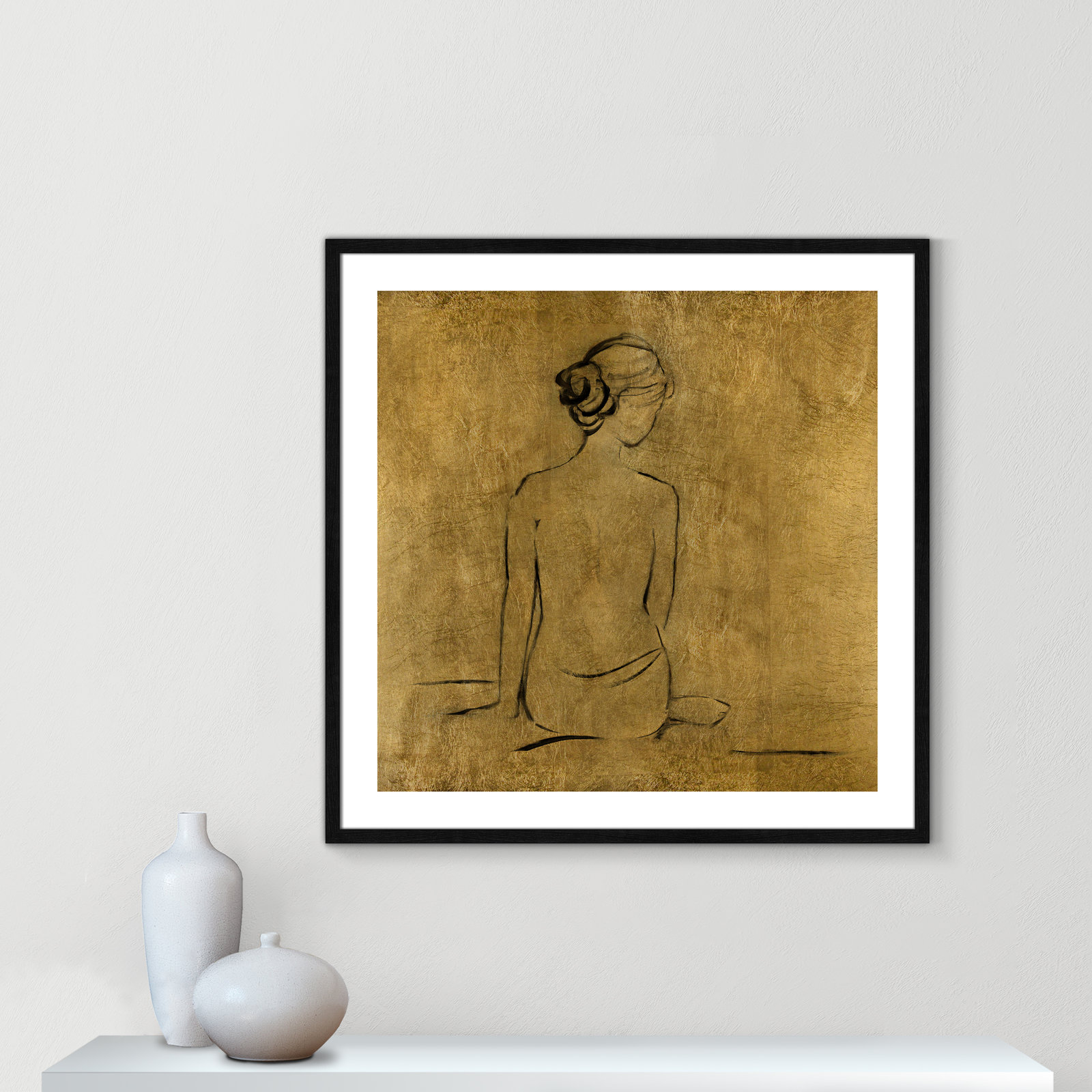 Golden Bather I by Sally Swatland - Painting Print, Black Wood Framed Paper, 33.25" H x 33.25" W x 0.75" D