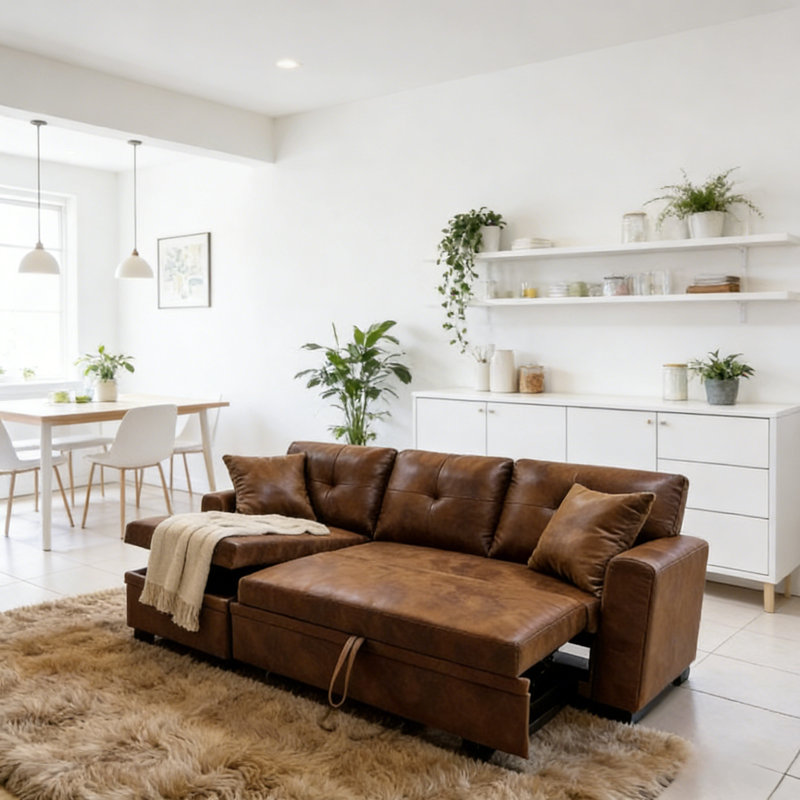 Light Brown L-shaped Sleeper Sectional Sofa With Pull-out Bed & Reversible Chaise, Storage Convertible Sofa Bed For Small Spaces